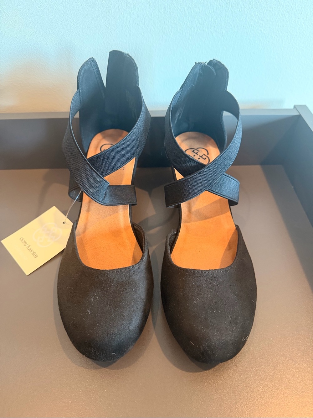 Black Crisscross Strap Suede-Look Flats with Tan Insole